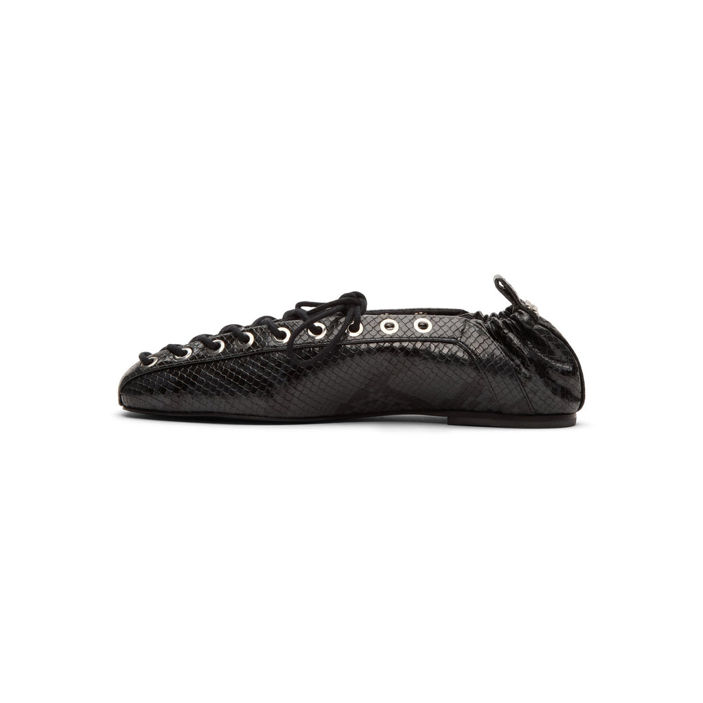 Ganni Eyelets Lace Up Ballerina Snake Black Oyster