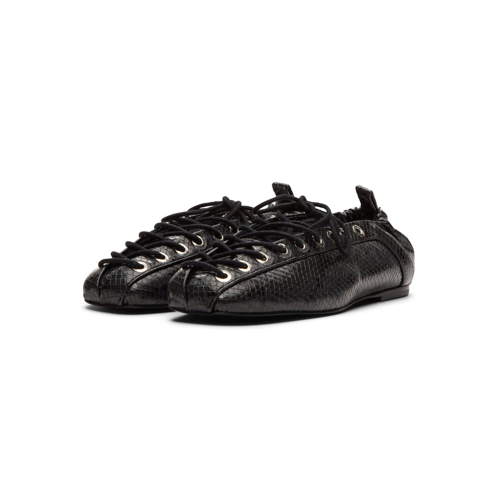 Ganni Eyelets Lace Up Ballerina Snake Black Oyster