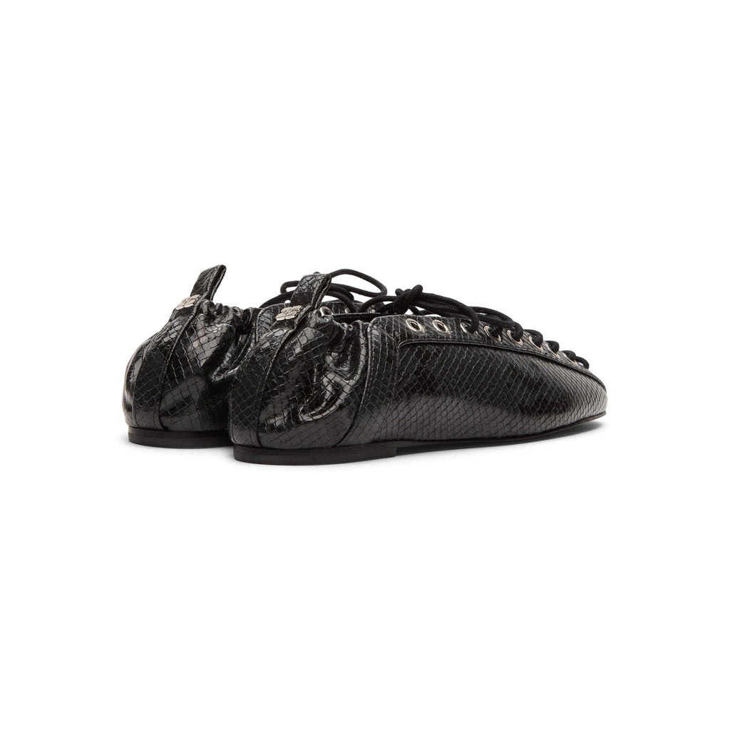 Ganni Eyelets Lace Up Ballerina Snake Black Oyster
