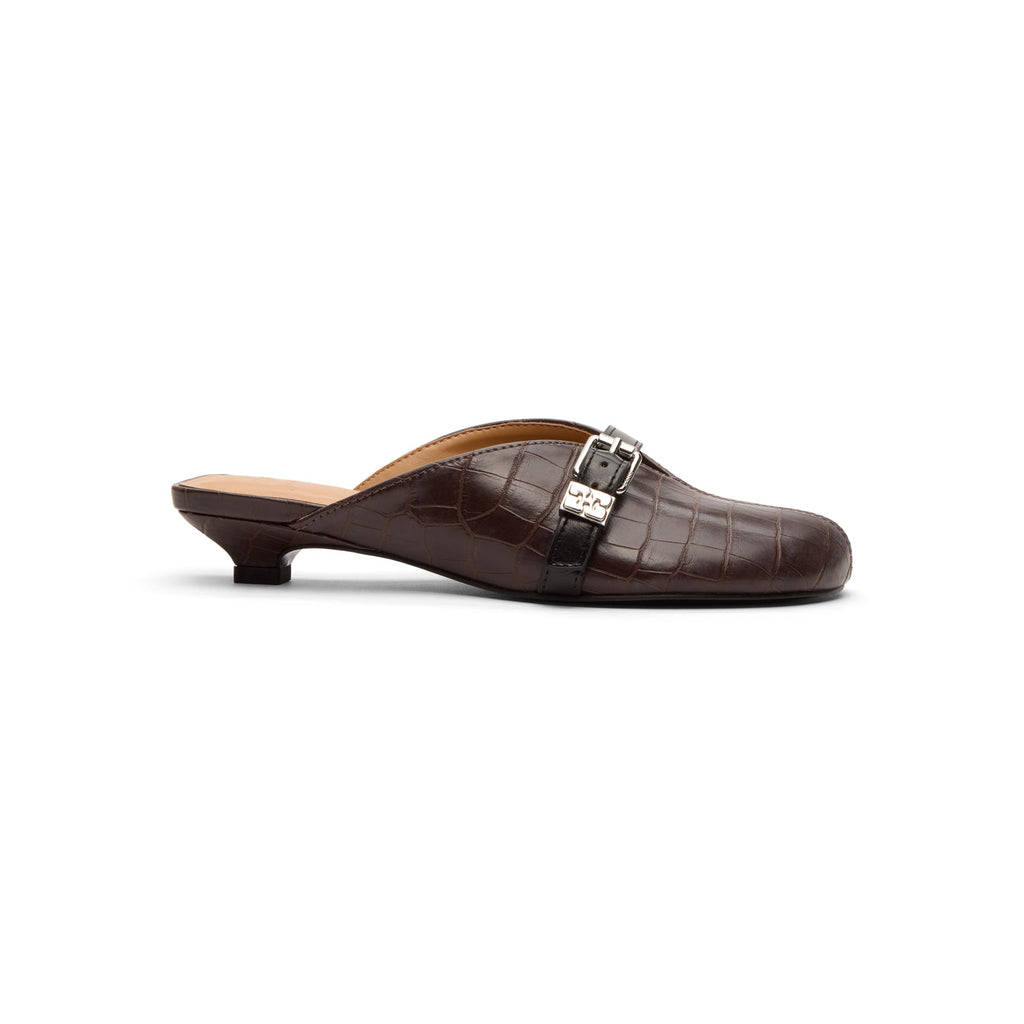 Ganni Sue Heeled Mules Croc Leather (Chocolate Fondant)