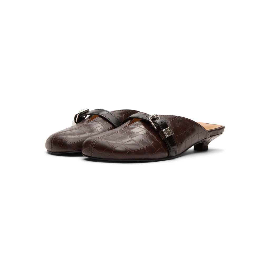 Ganni Sue Heeled Mules Croc Leather (Chocolate Fondant)