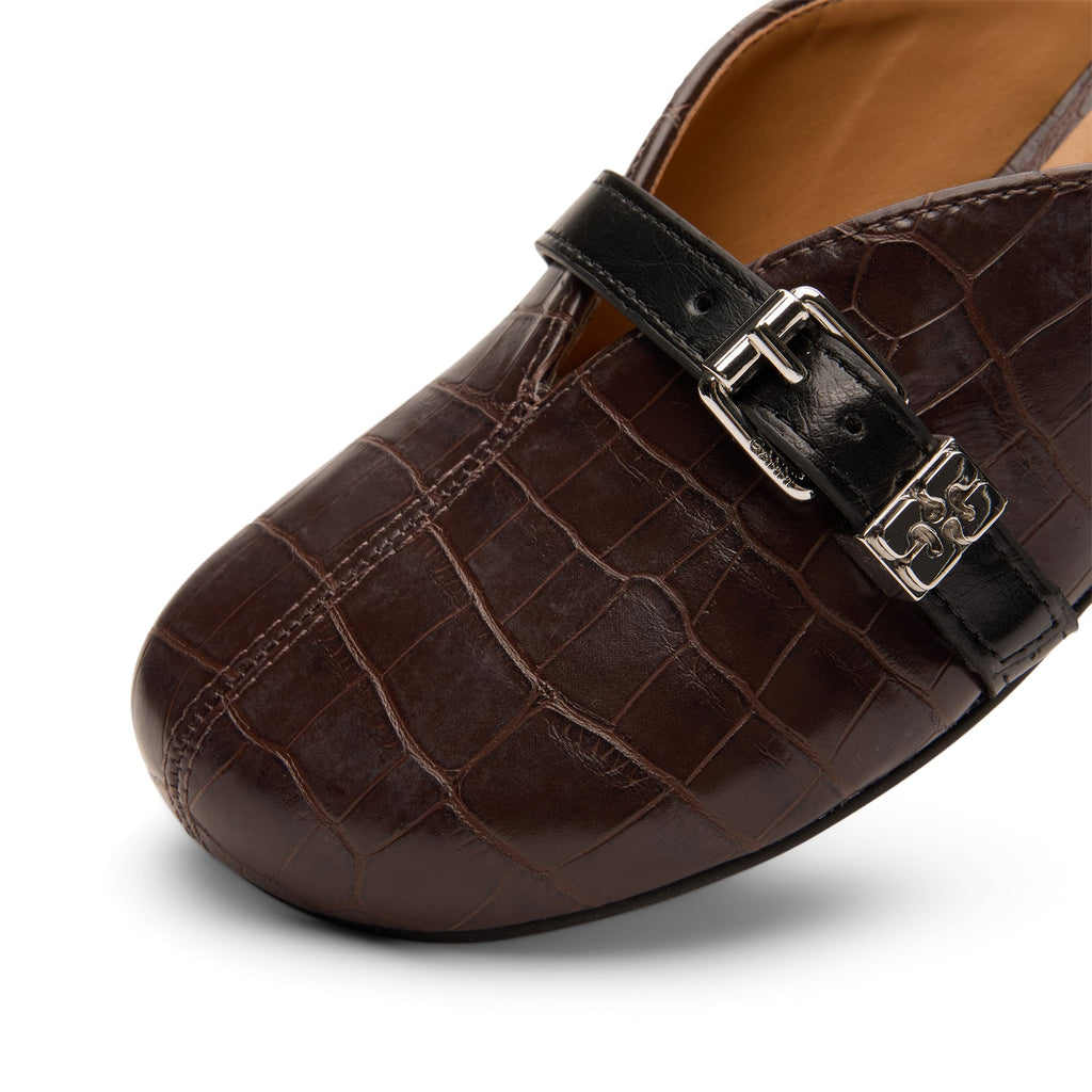 Ganni Sue Heeled Mules Croc Leather (Chocolate Fondant)