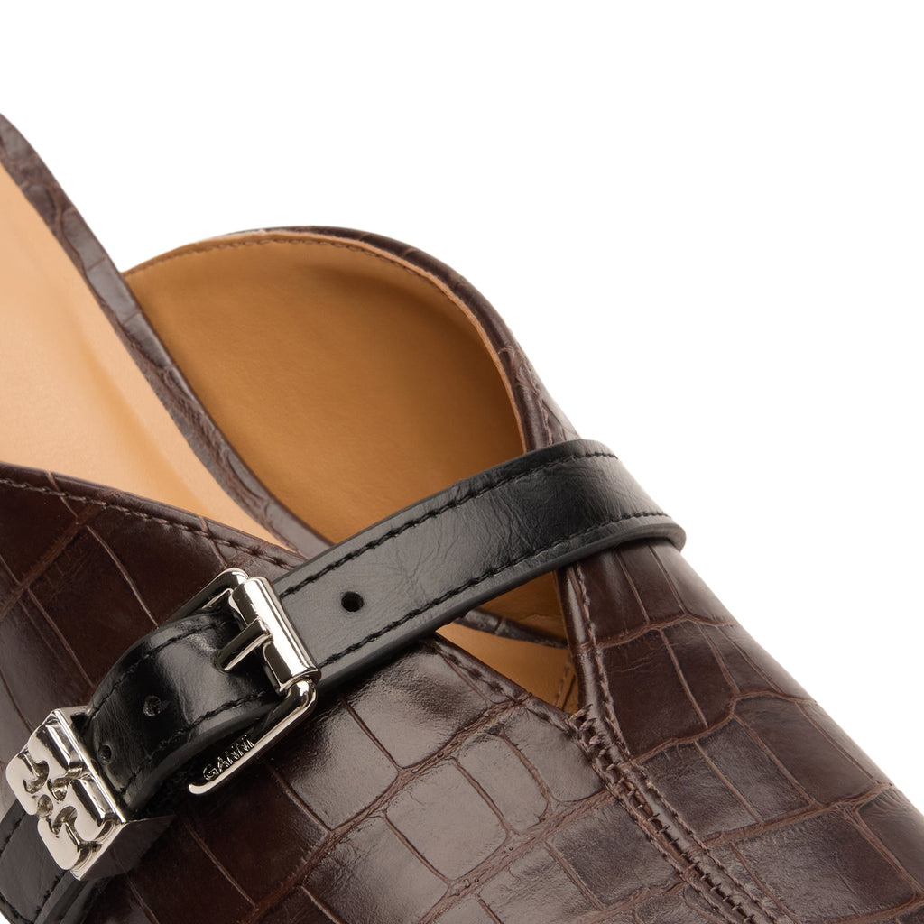 Ganni Sue Heeled Mules Croc Leather (Chocolate Fondant)